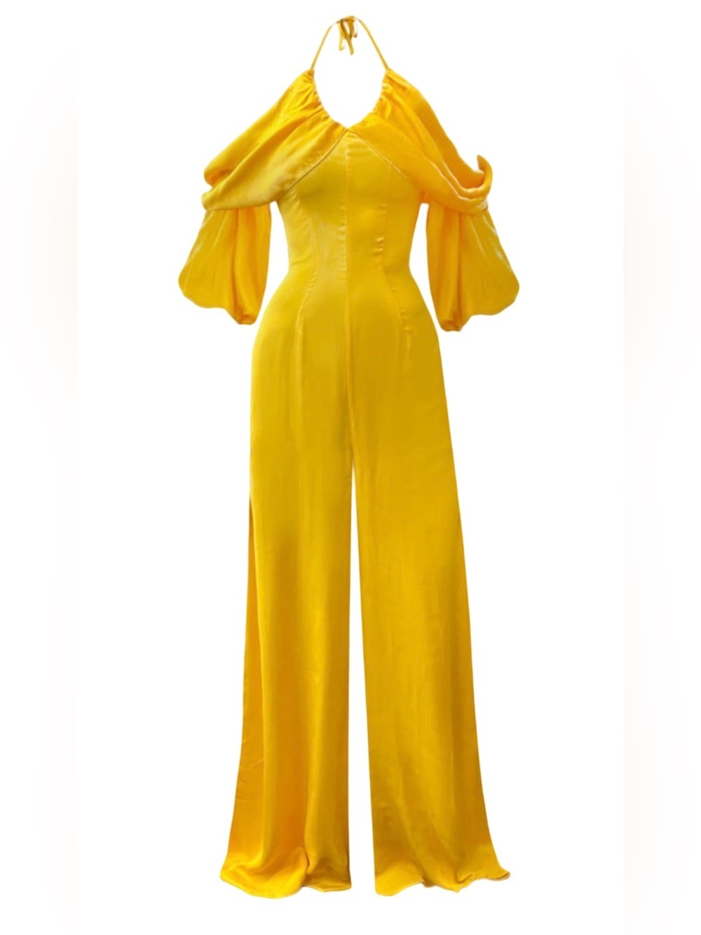 Andrea Iyamah Kimora Jumpsuit Bold Yellow Off-Shoulder Satin Flowy Size Medium